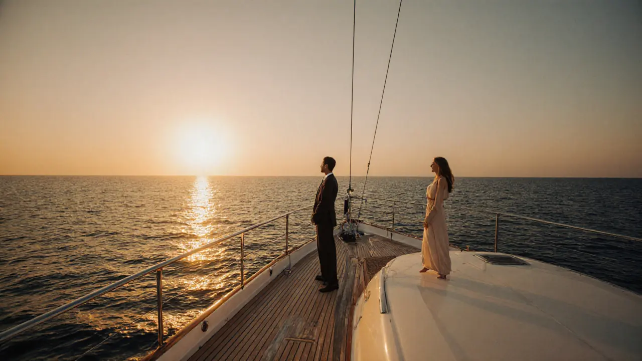 A couple on a luxury yacht at sunset, gazing at the horizon with calm companionship.