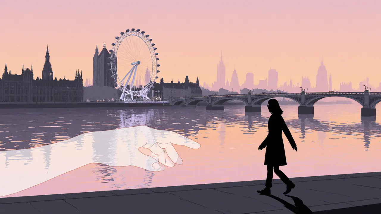 A lone figure walking by the Thames at dusk, with a subtle hand reaching toward him.