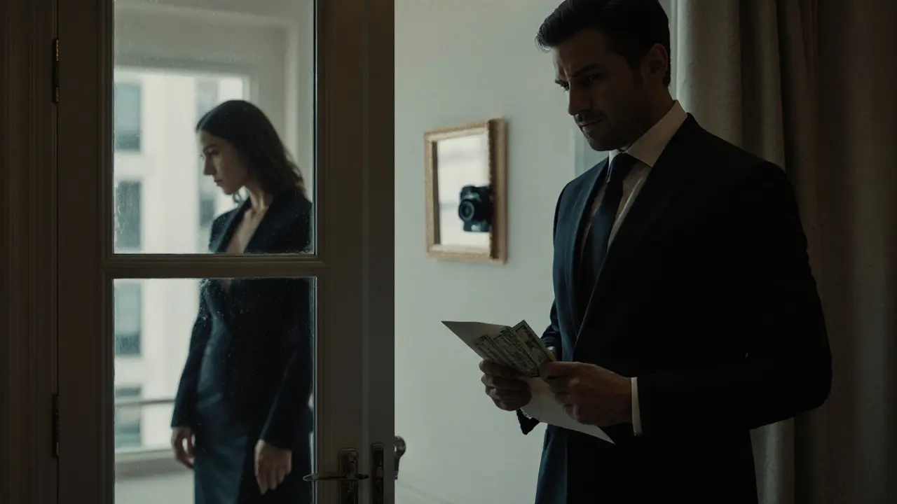 A man hesitates outside an apartment as a woman looks back nervously, a hidden camera glinting in the mirror.