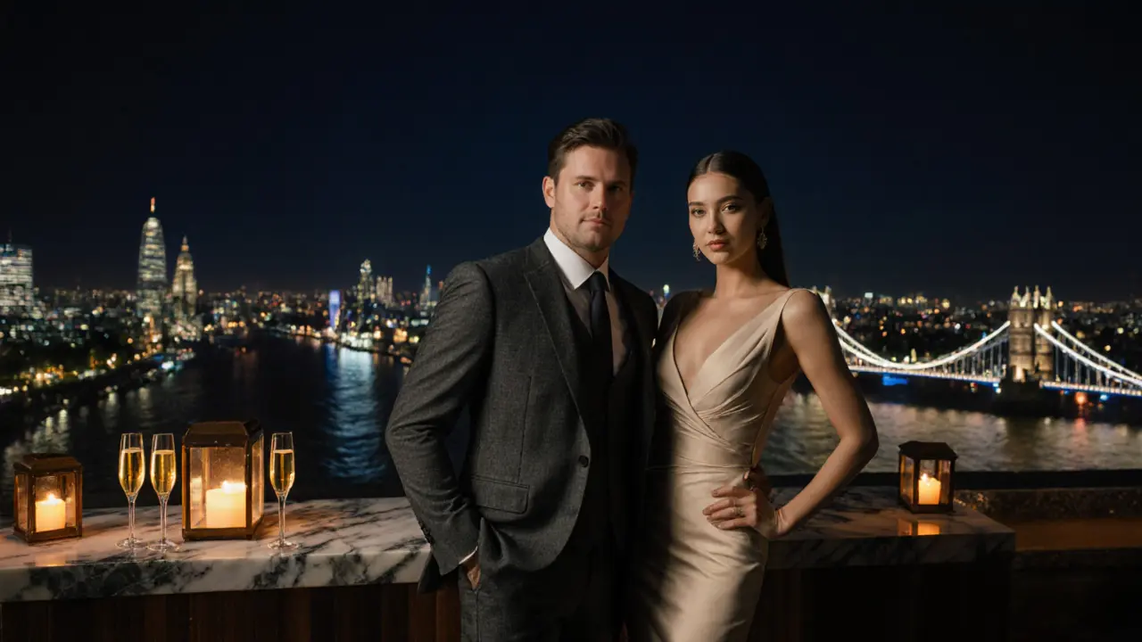 A suited man with an elegant companion at a rooftop party overlooking the city at night.