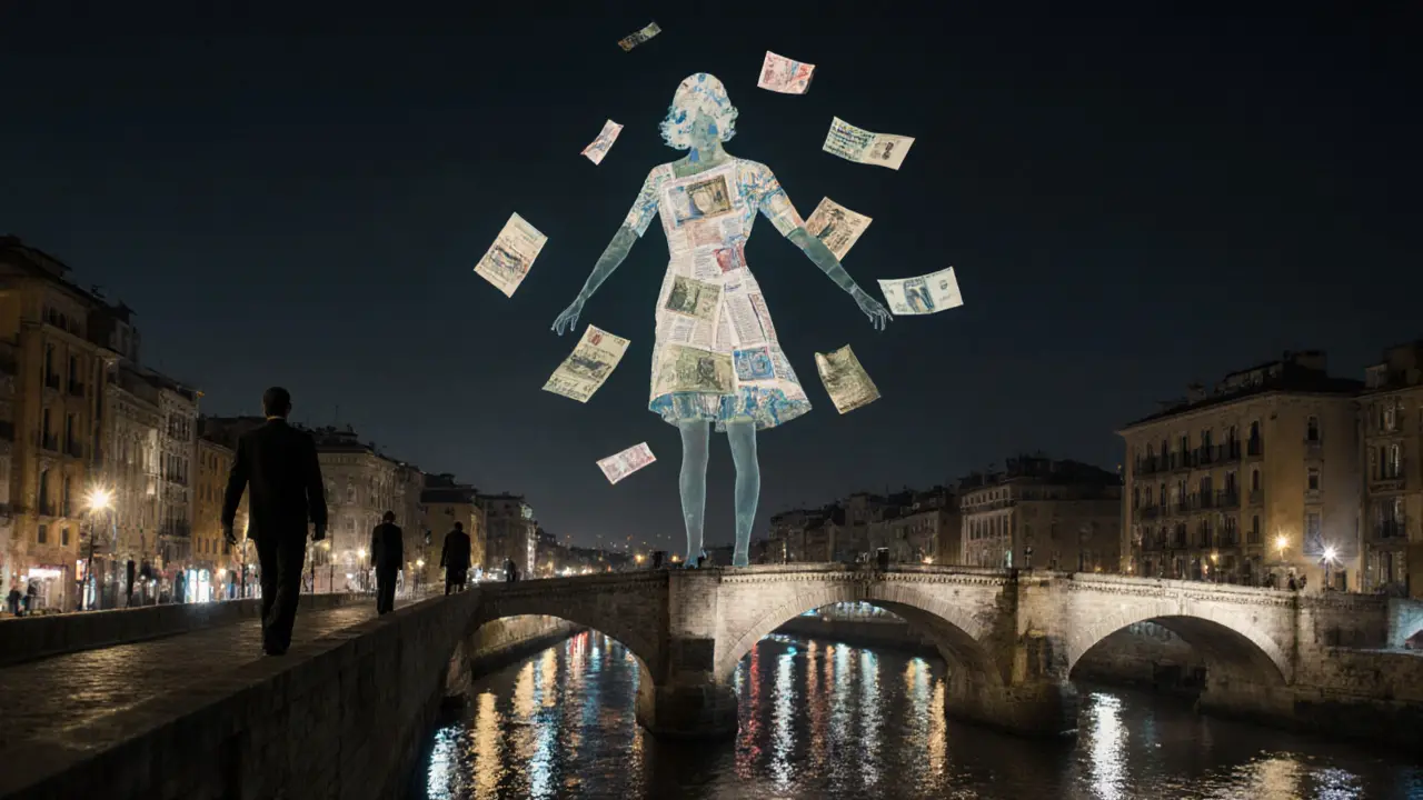 A transparent woman made of books and money floats above Milan at night, symbolizing emotional connection in isolation.