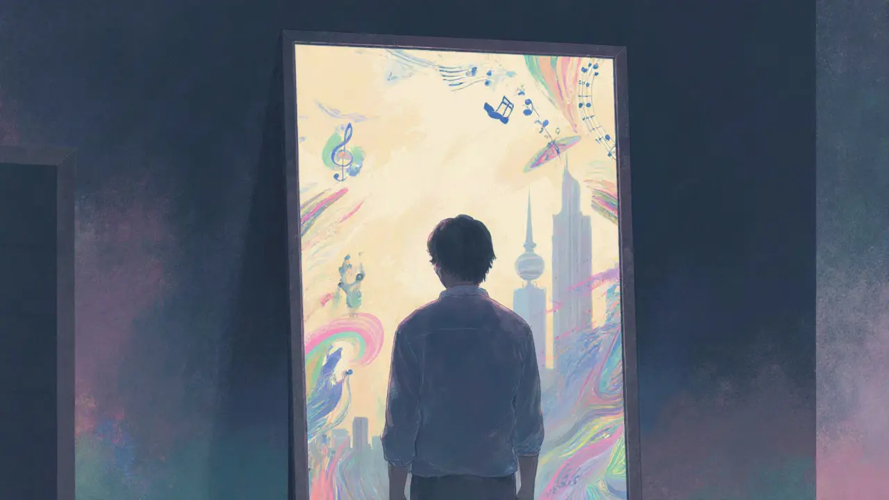 Artistic room with a person looking into a mirror that reflects abstract elements of self‑discovery.