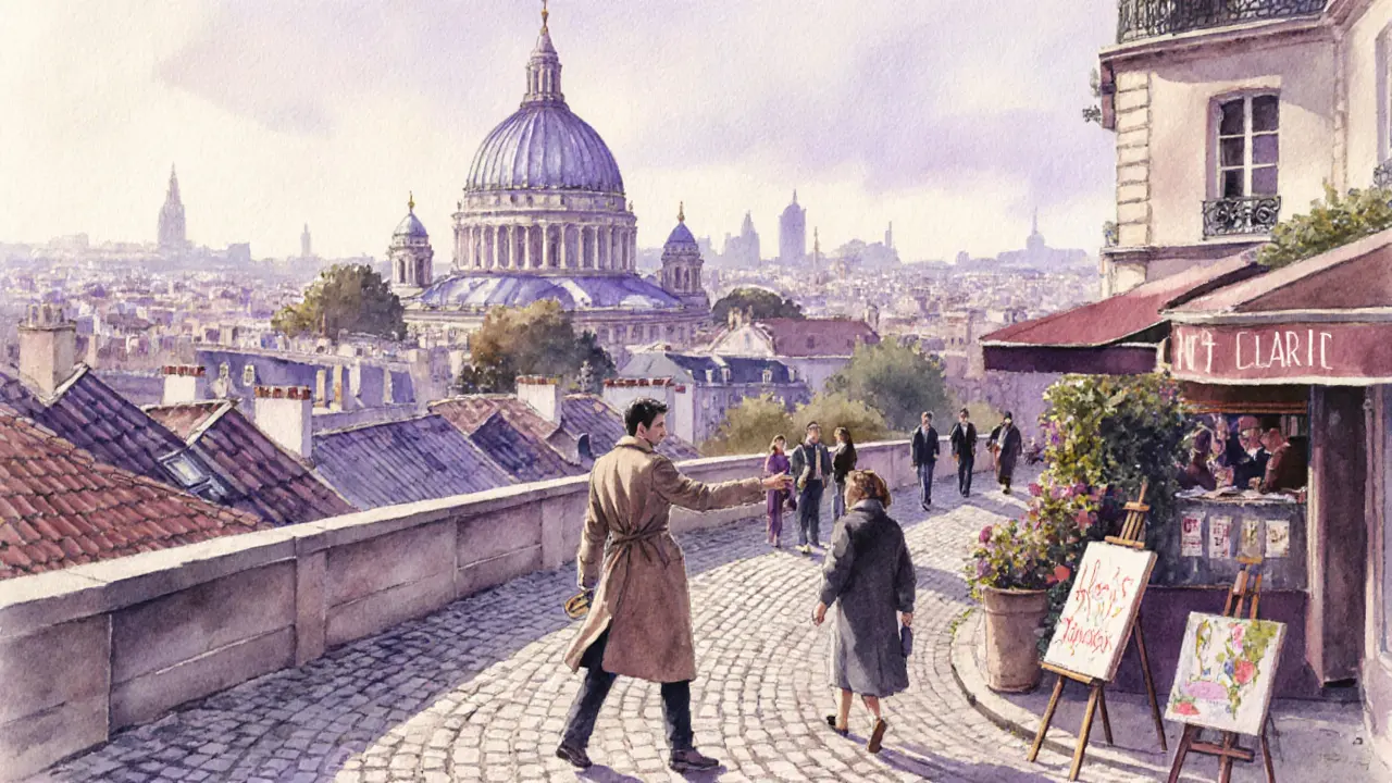 Artistic scene of a boutique escort leading a visitor through Montmartre’s lively streets.