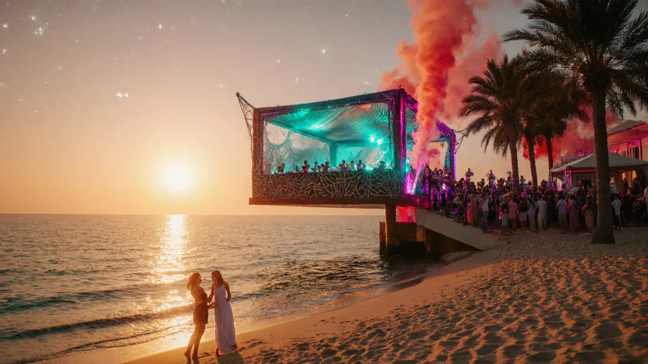 Beachfront nightclub at sunset with dancers on sand, DJ booth over water, golden light reflecting off the sea.