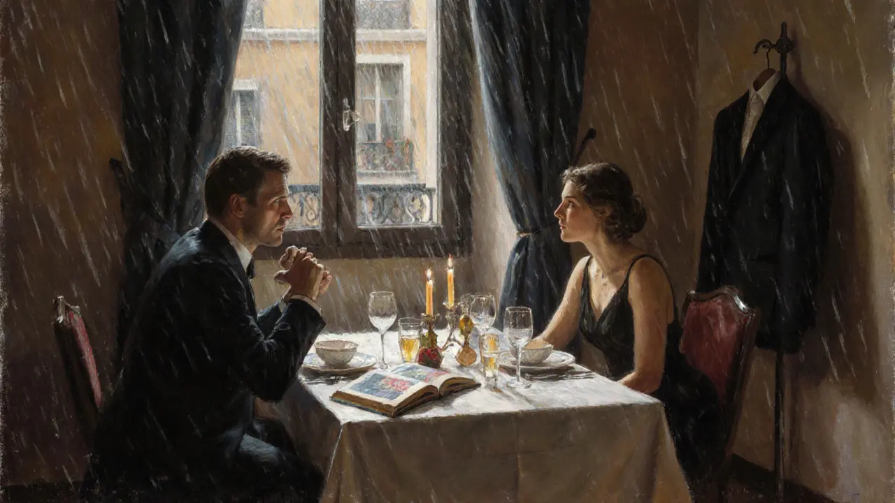 Candlelit dinner in a private Milan apartment, two figures sharing quiet conversation over art and wine.