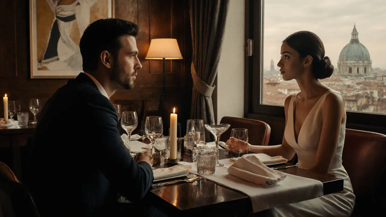 Client and escort seated at a refined restaurant table, discussing plans.