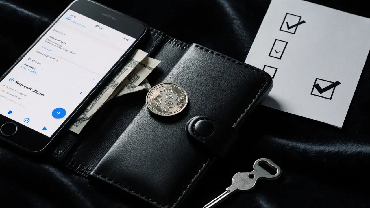 Close-up of wallet with cash, crypto token, phone, and discreet safety items.