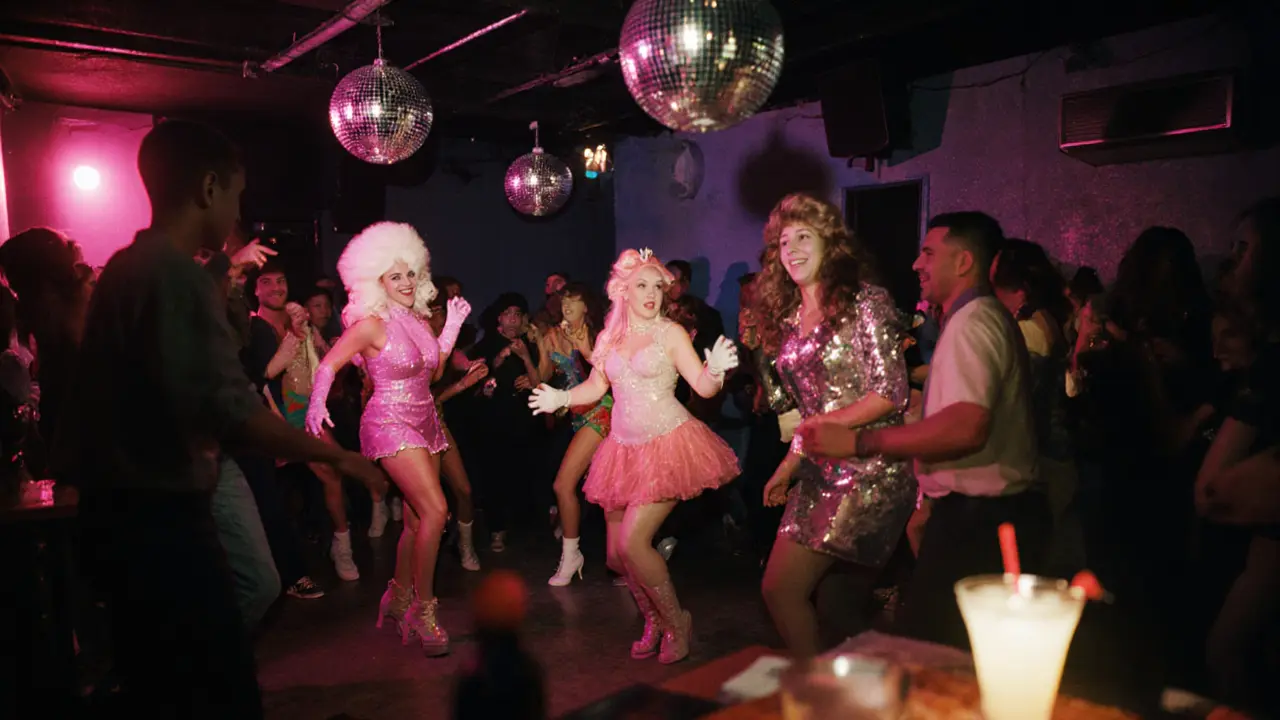 Club 23 interior with drag performers, glittering lights, and a joyful, diverse crowd dancing.