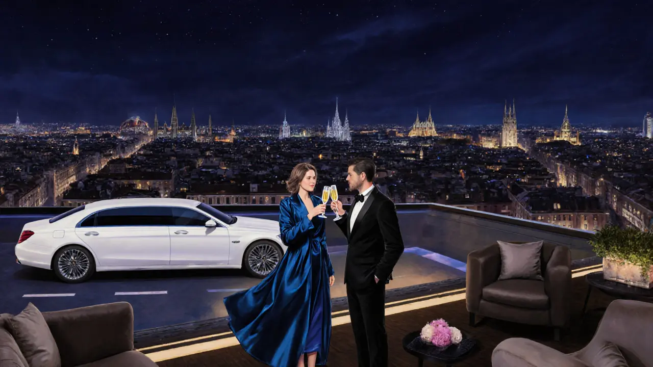 Couple enjoying champagne on a rooftop bar with Milan skyline and a waiting chauffeur.