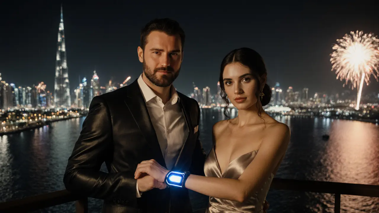 Couple on balcony with Dubai waterfront backdrop, emphasizing luxury and secure payment.