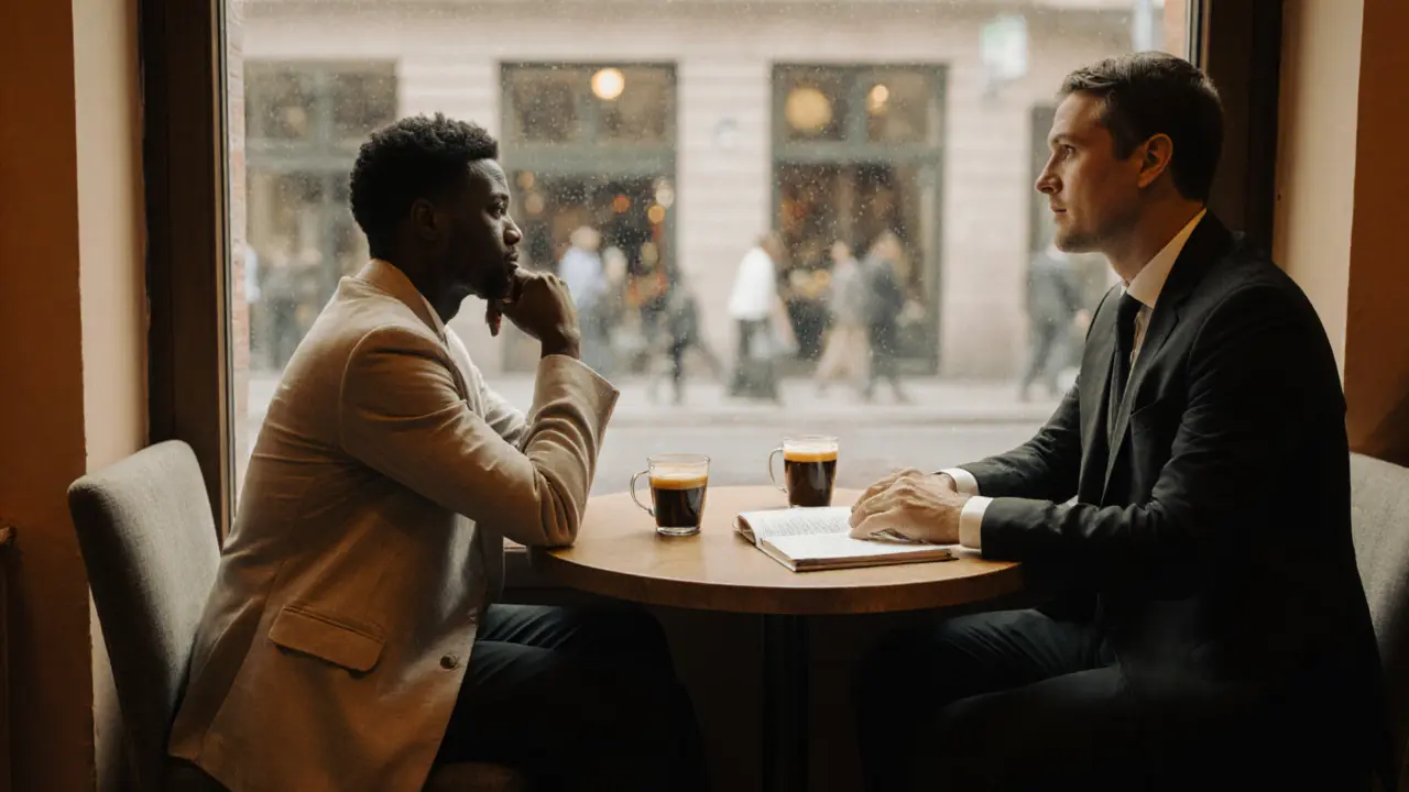 Cozy Berlin café scene showing a client and escort having a relaxed conversation.