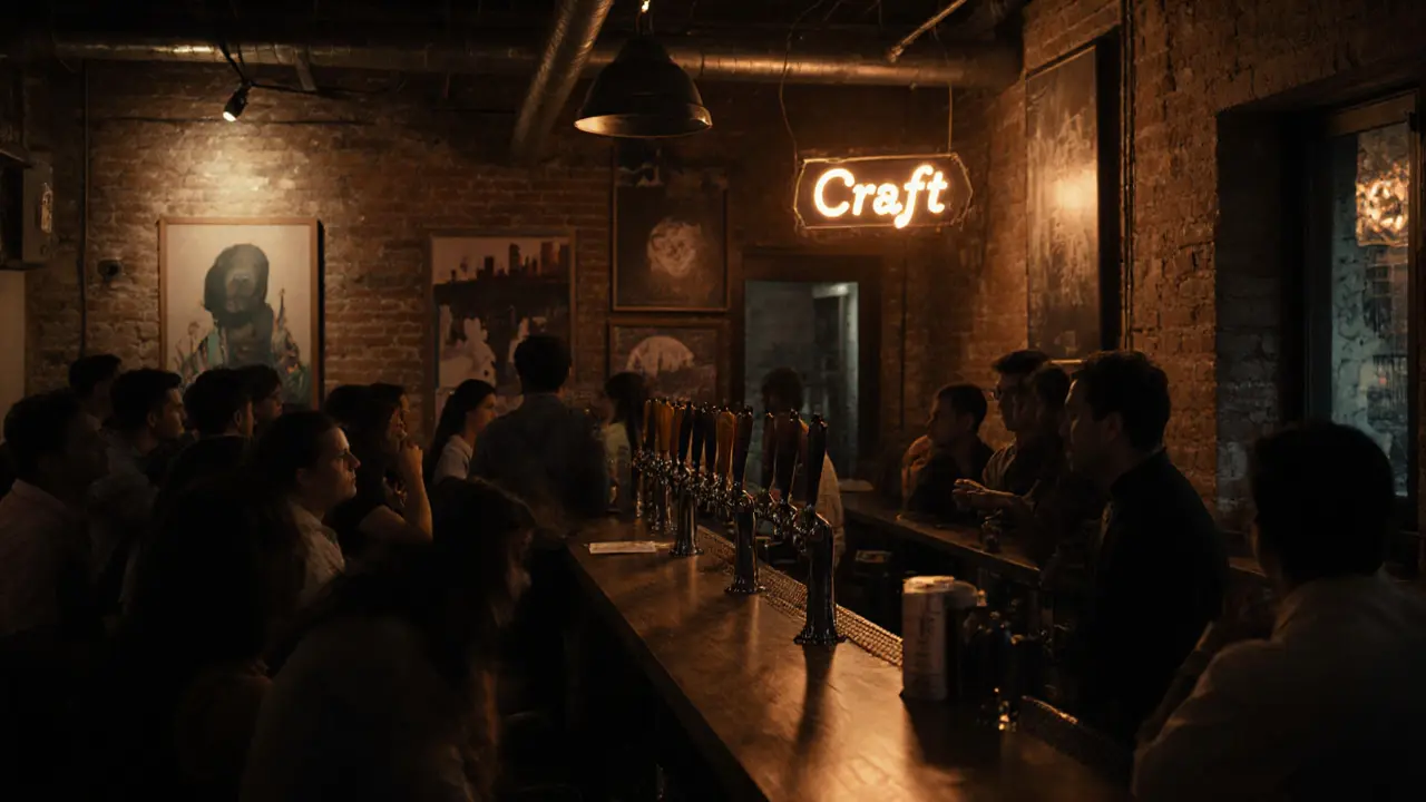 Cozy industrial bar The Courtyard with craft beer taps and ambient lighting.