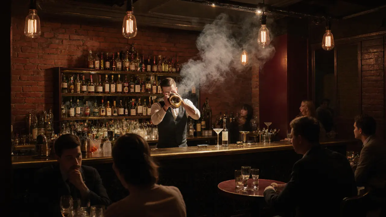 Cozy interior of Le Syndicat speakeasy with bartender mixing cocktails.