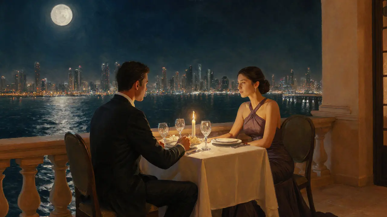 Elegant candlelit dinner on a terrace overlooking the Corniche at night.