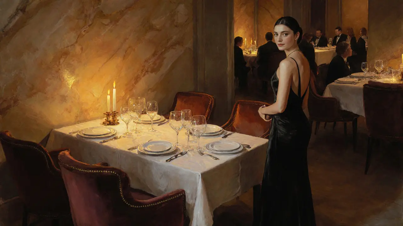 Elegant restaurant scene with candlelit table, fine dining set, and a stylish escort.