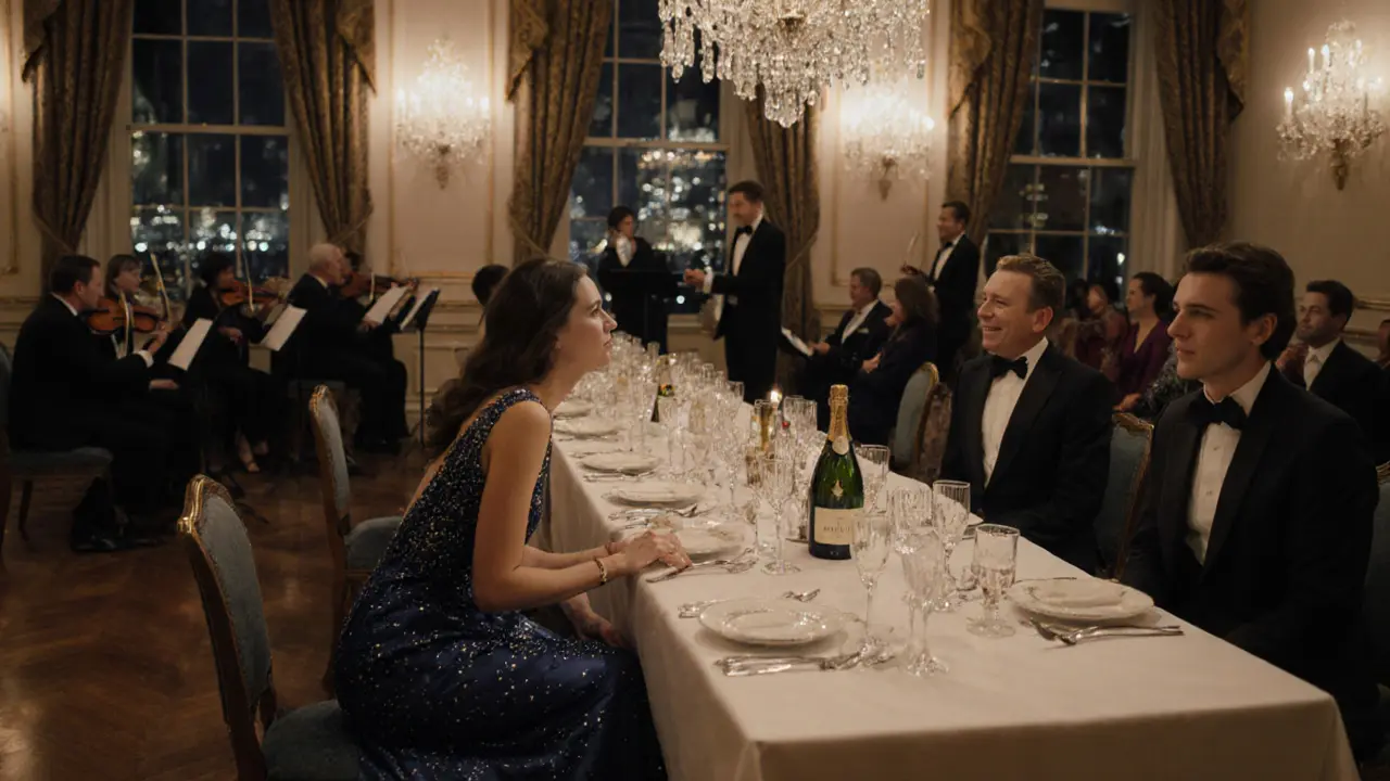 Escort in an evening gown at a glamorous gala table with champagne and city lights.