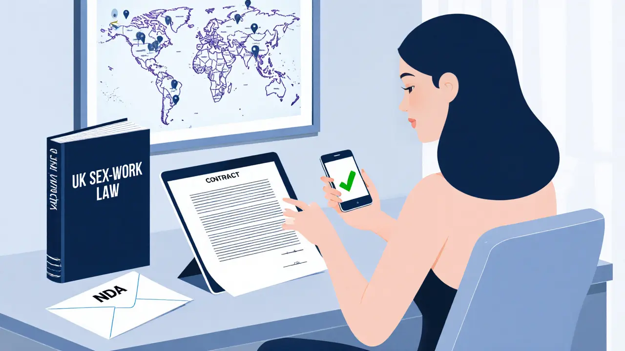 Escort reviewing a contract and safety app at a desk, surrounded by legal documents.