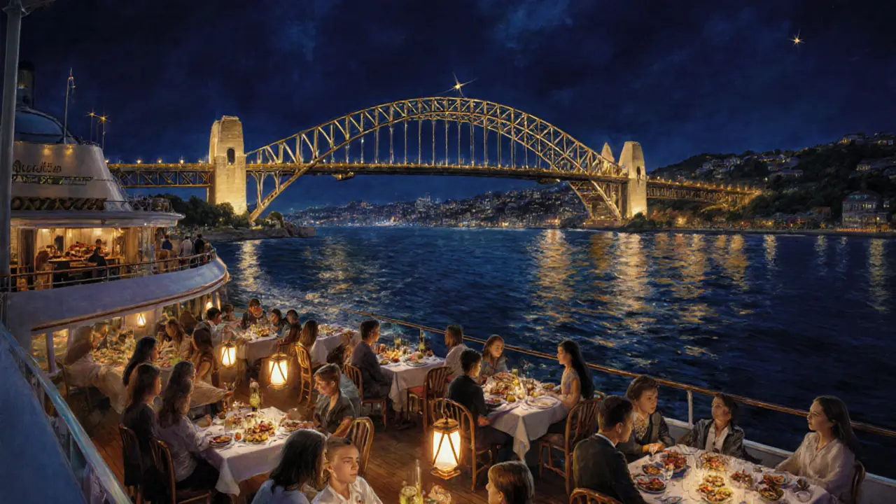 Families enjoying a dinner cruise on the Bosphorus under illuminated bridges.