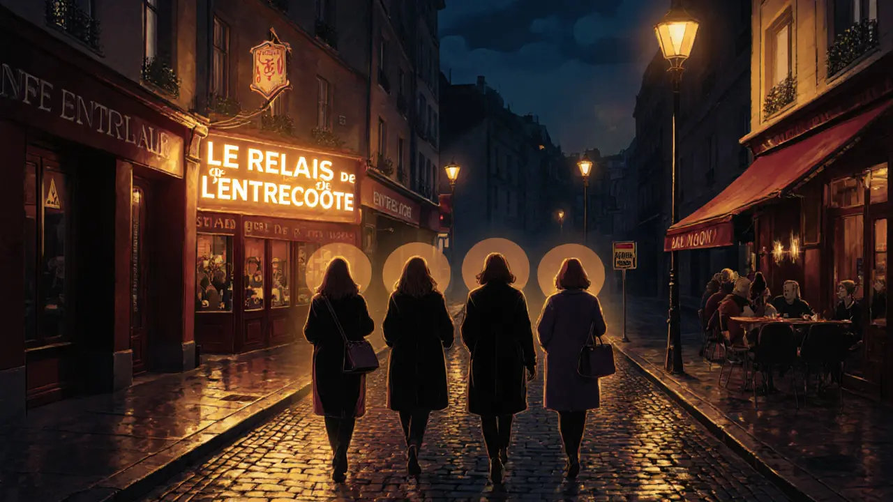 Group of women walking down a illuminated Pigalle street toward a late‑night restaurant.