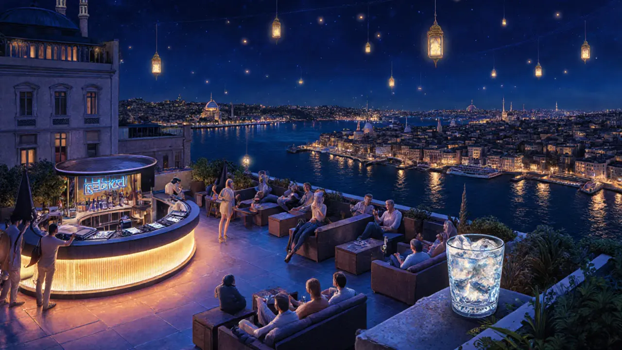 Guests sipping drinks at a rooftop bar overlooking Istanbul’s lit skyline.