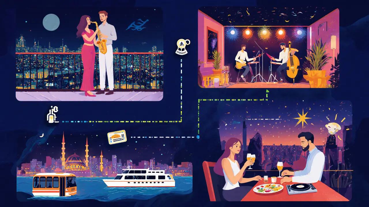 Illustrated night itinerary moving from rooftop to club to meyhane.