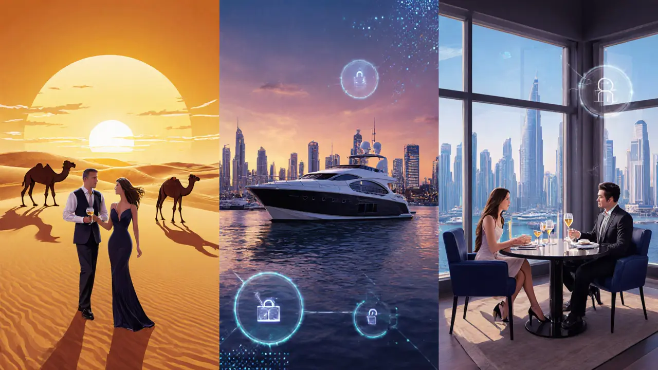 Illustration of desert camp, yacht, and corporate lounge representing varied escort services.