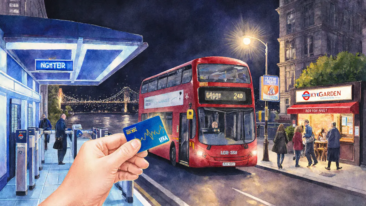 Illustration of Night Tube platform, night bus, 24‑hour curry shop, and rooftop brunch.