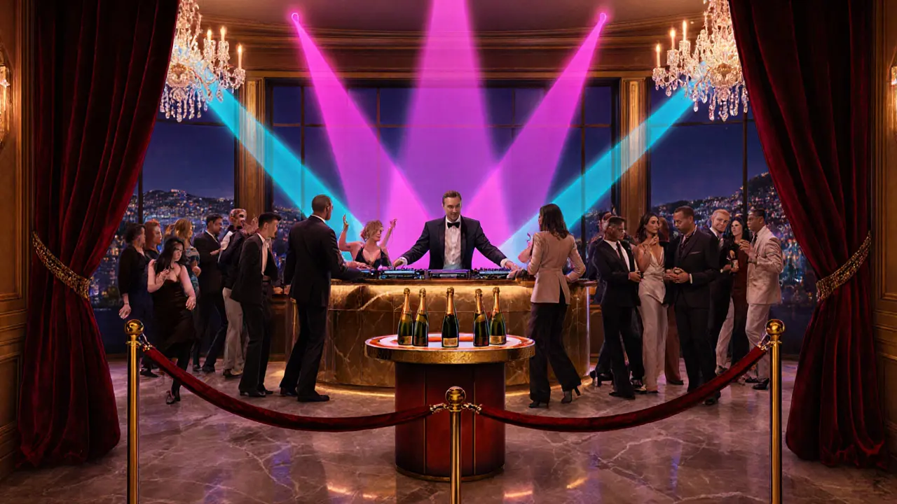 Inside Jimmy'z nightclub with designer‑clad crowd, DJ booth, and glowing lights.