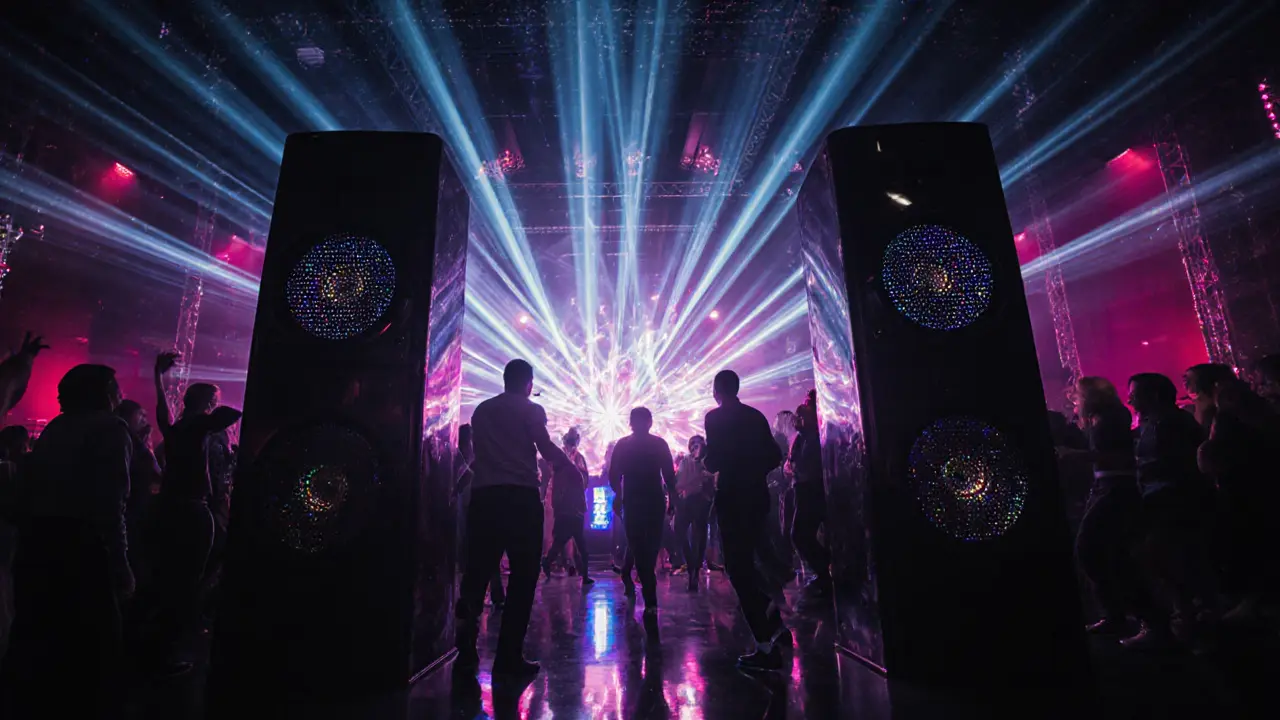 Interior of Fabric club with massive speakers, laser lights, and dancing crowd.