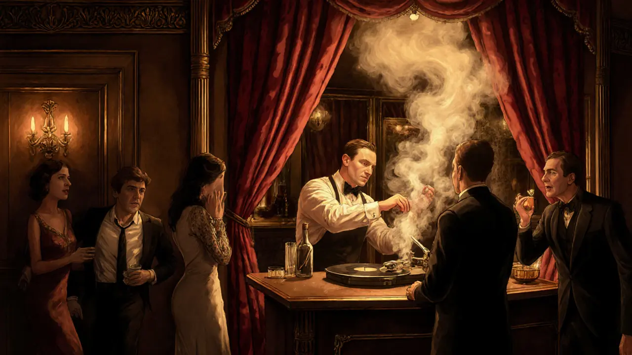 Intimate speakeasy bar with vintage decor and a bartender crafting a smoky cocktail.