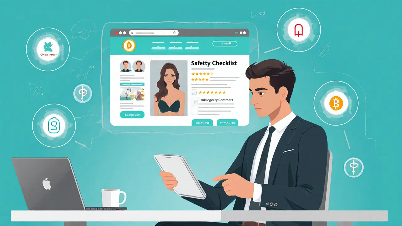 Man reviewing an escort agency website on a tablet with safety icons.