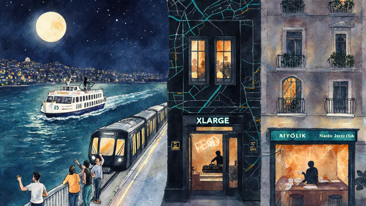 Nighttime illustration of ferry, metro, and various club entrances.