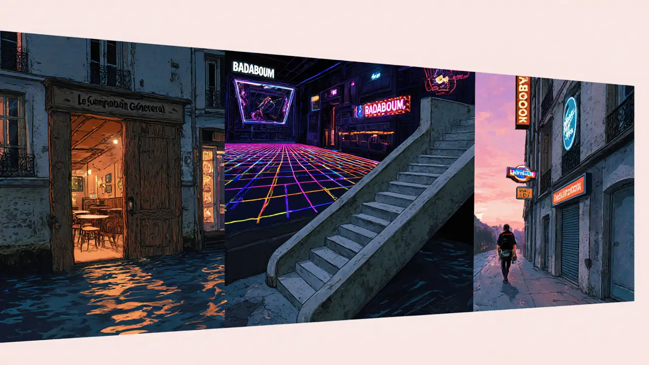 Nighttime journey past four hidden Paris venues ending at a streetwise bar.