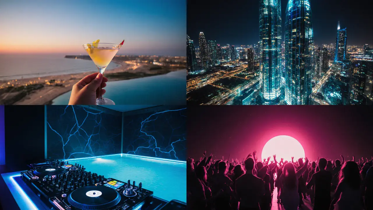 Nighttime montage of a traveler moving from a beach bar to a sky lounge to a club.