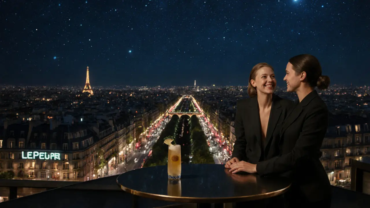Nighttime rooftop bar view of Paris with a chic pair overlooking the city lights.
