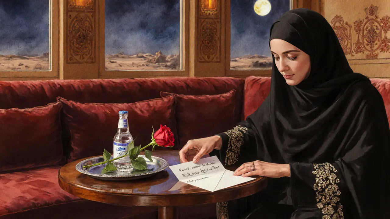 Private lounge scene with a red rose, handwritten note, and a courteous exchange between a guest and escort.