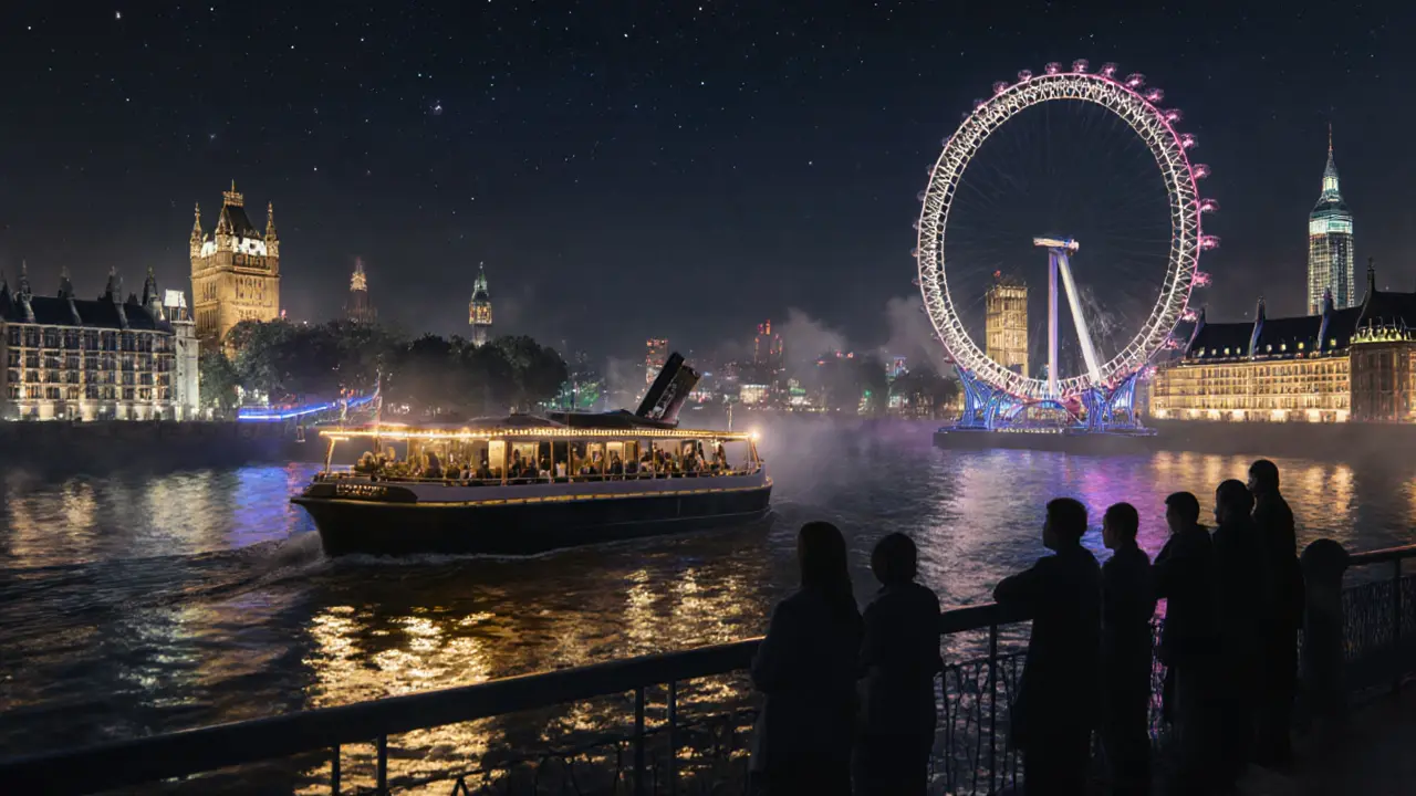 Quiet midnight boat cruise on the Thames passing lit-up London landmarks.