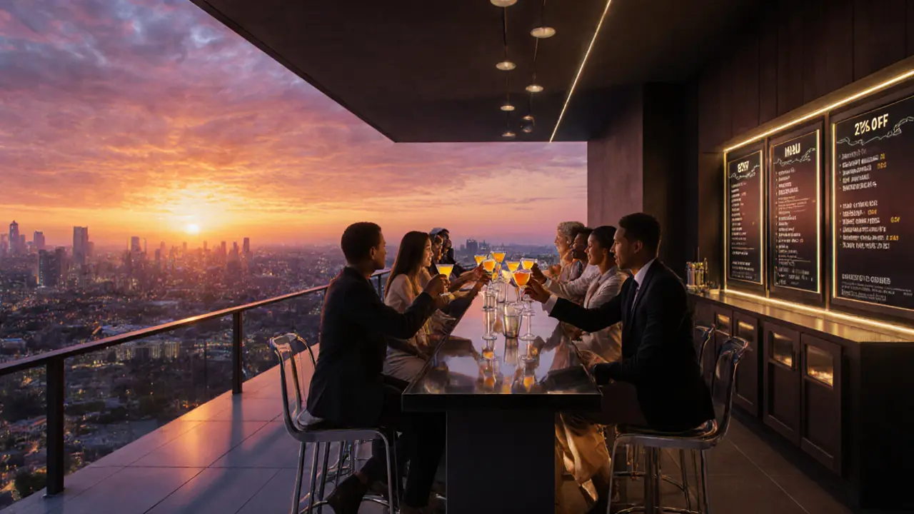 Rooftop bar at Level 43 with sunset sky and people enjoying cocktails.