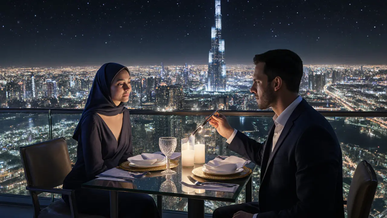 Rooftop dinner at AlMuntaha with city skyline, candles, and a couple sharing a refined moment.