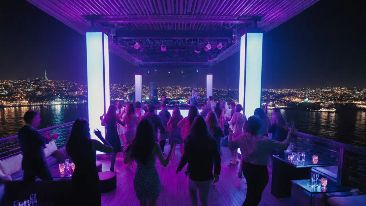 Rooftop nightclub scene with DJ, neon lights, and city views.
