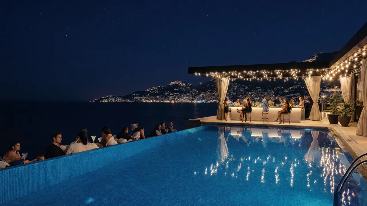 Rooftop pool bar at night with guests, city lights, and a reflective infinity pool.