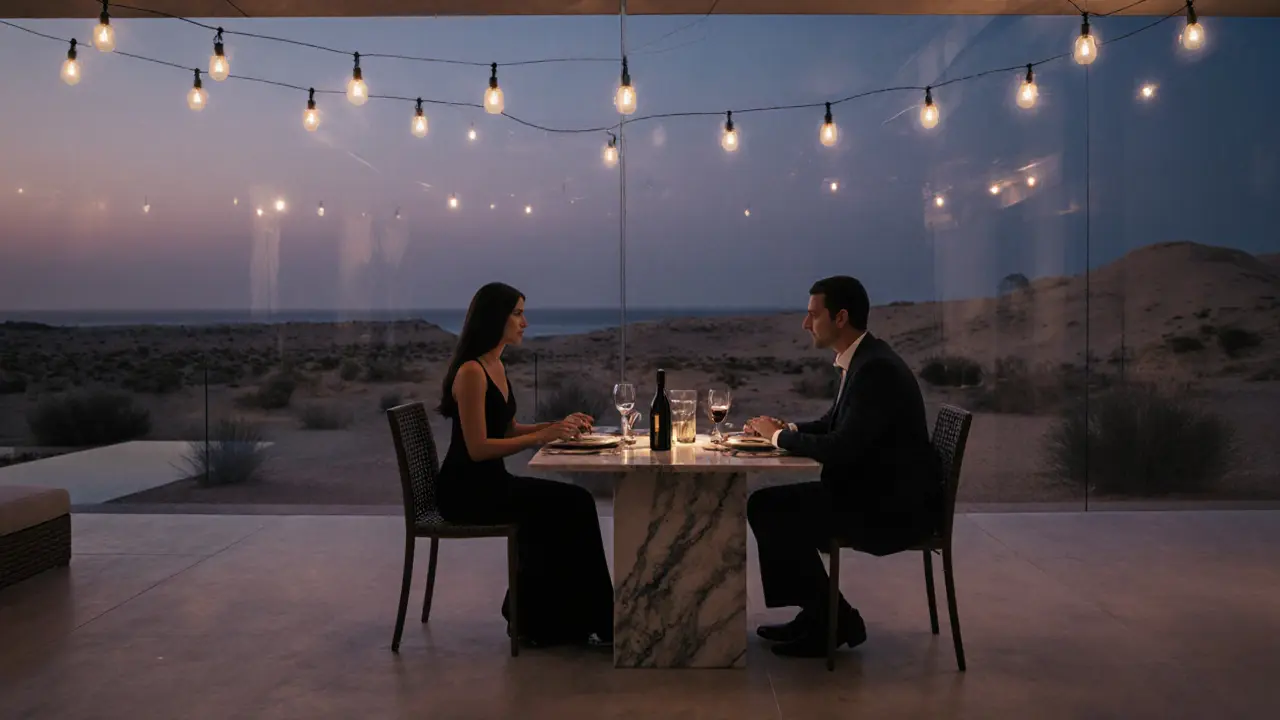 Silhouettes of two people dining privately at a villa on Saadiyat Island at dusk.