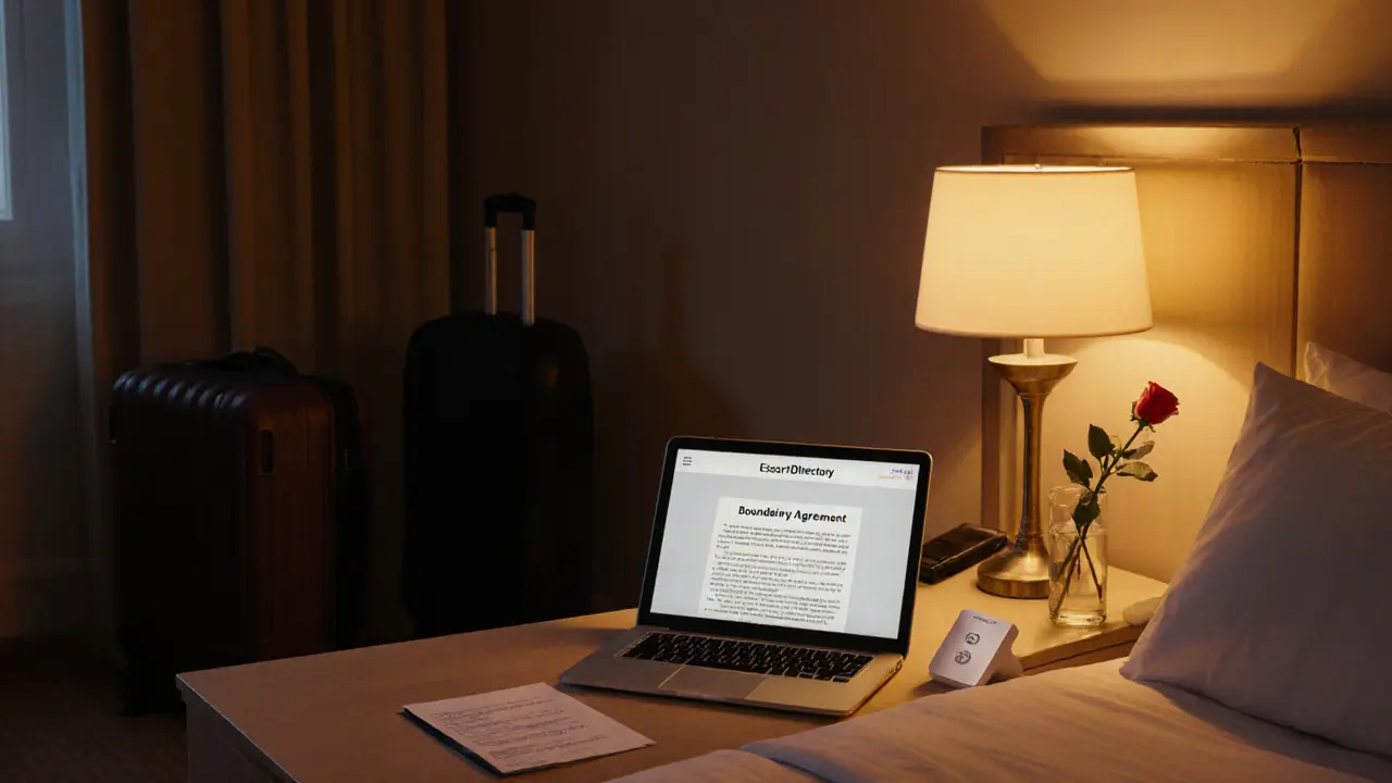 Softly lit hotel room with escort business tools: laptop, boundary agreement, panic button, and a rose on the nightstand.