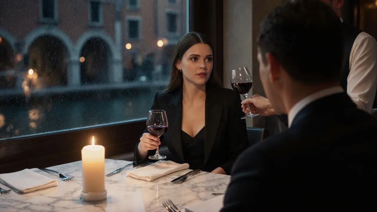 Sophisticated escort conversing over wine at a candlelit table in a luxury Milan restaurant.