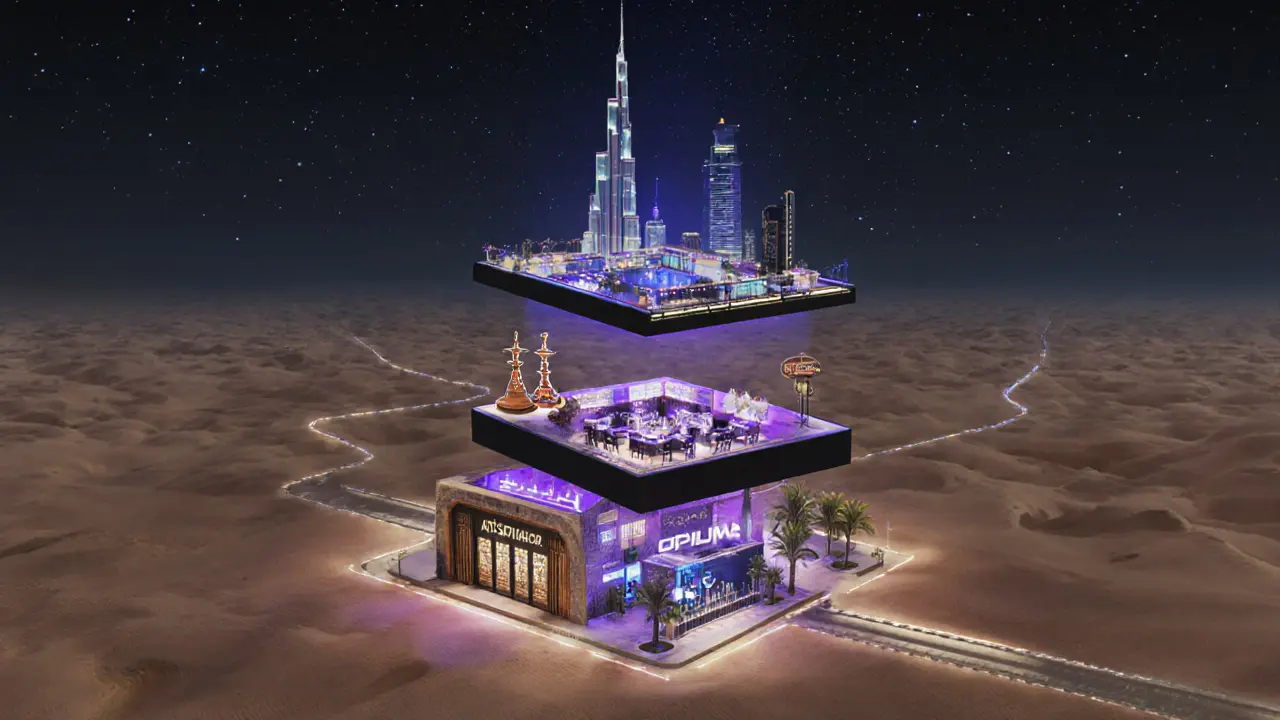 Three layered scenes of Dubai nightlife: traditional lounge, rooftop bar, and underground club connected by light.