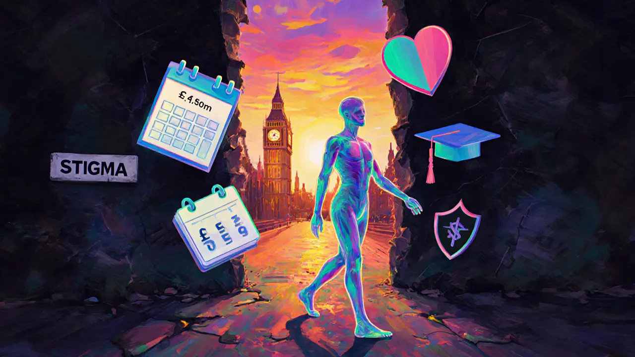 Transparent figure in London filled with symbols of income, autonomy, safety, and education, stepping toward sunrise.