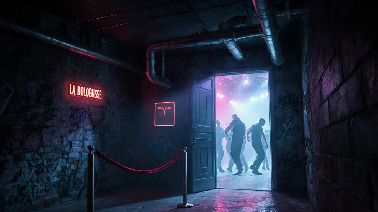 Underground club La Bolognese with dim lighting, velvet rope, and dancers moving to techno music.