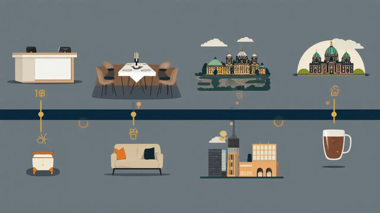 Visual timeline showing steps of a planned evening from lobby to after‑care.