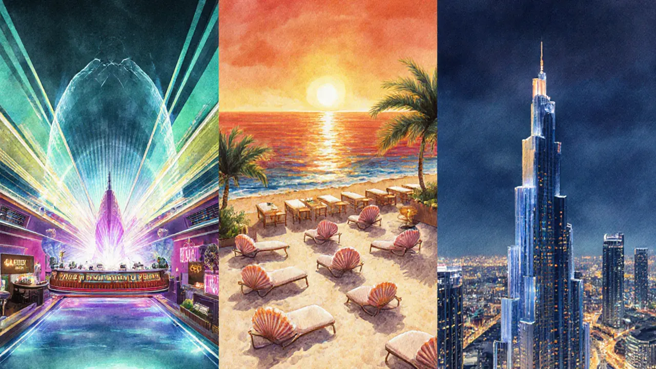 Watercolor split view of Yas Island club, Corniche beach bar, and Downtown sky lounge.