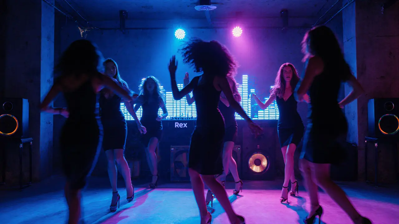 Women dancing on a neon‑lit club floor with pulsing lights and a DJ booth in the background.